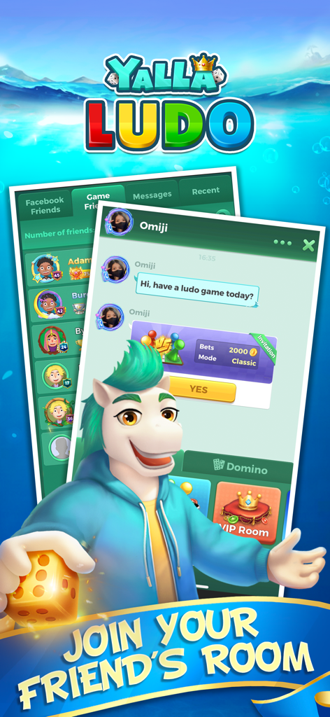 Yalla Ludo app interface showing a chat invitation to join a friends game room with a cartoon character.