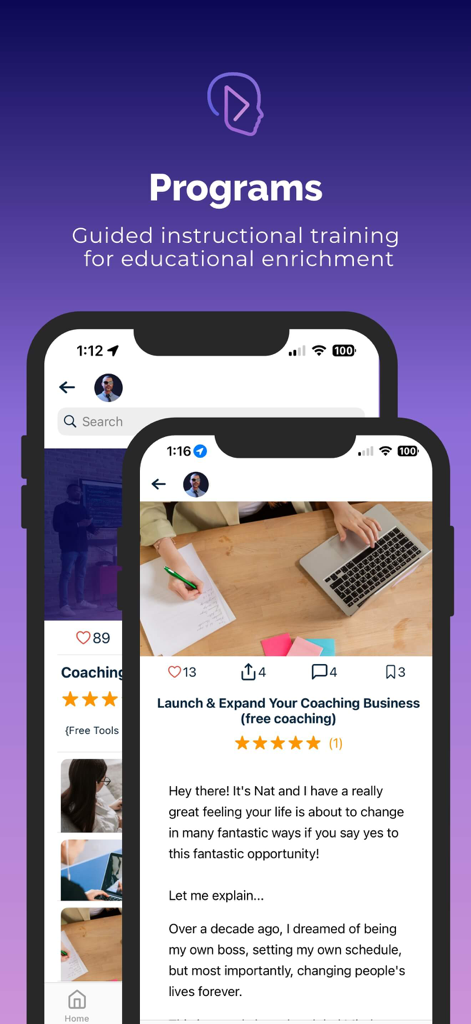 Guided instructional training programs within the Mind Movies app