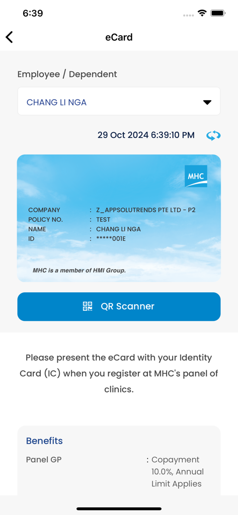 m-Plify - Tela do celular mostrando um eCard de seguro digital com nome do membro e detalhes da empresa no aplicativo m-Plify