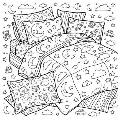 Unleash your creativity with this delightful children's bedding coloring page, perfect for little dreamers. Featuring an array of patterned pillows and blankets, it invites kids to design their ideal cozy corner.