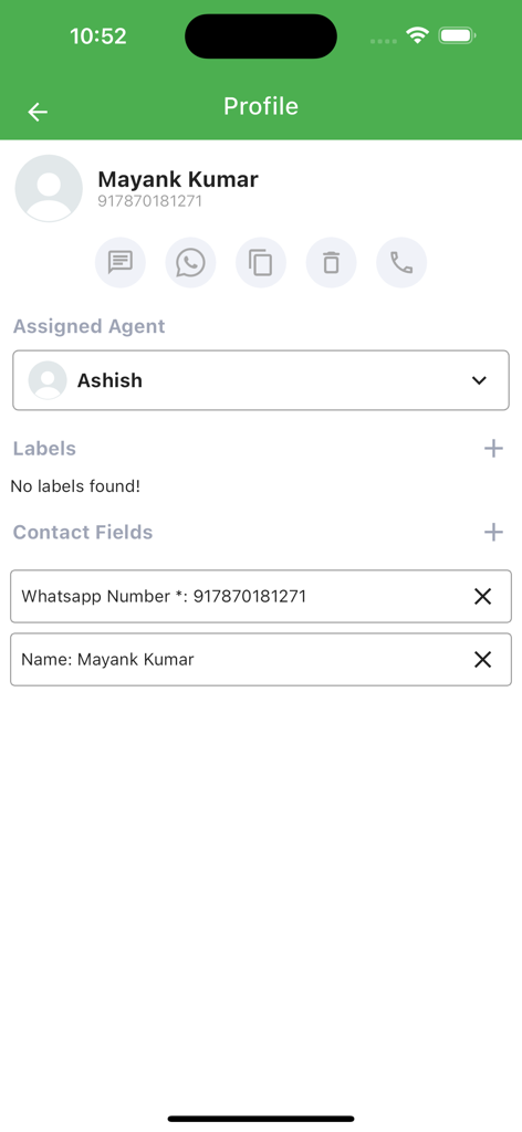 WhatsTool Business - Interface de l'application WhatsTool Business affichant le profil d'un contact client avec un agent assigné et les coordonnées.