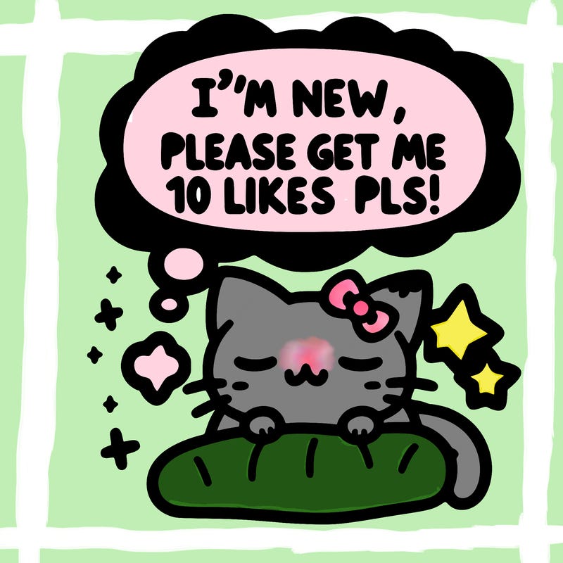 kitty taking a nap dream talking and saying "i'm new, please get me at least 10 likes pls!!"