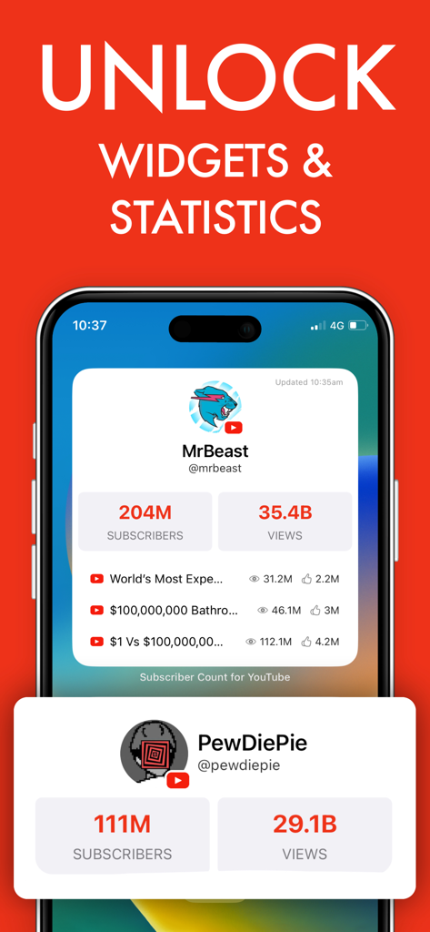 Subscriber Count for YouTube + - iOS home screen widgets showing real-time YouTube subscriber counts and video statistics
