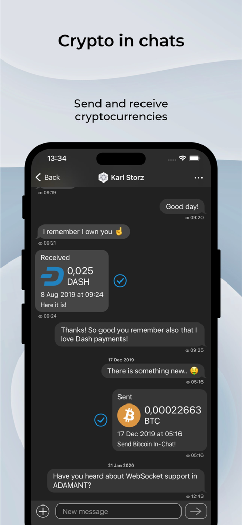 ADAMANT Messenger - Screenshot of ADAMANT Messenger showing DASH and Bitcoin cryptocurrency transactions directly within a chat conversation.