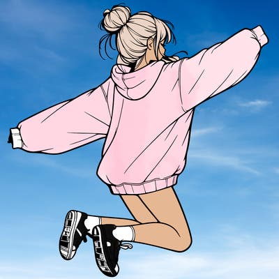 realistic girl jumping with a bun and oversized sweatshirt