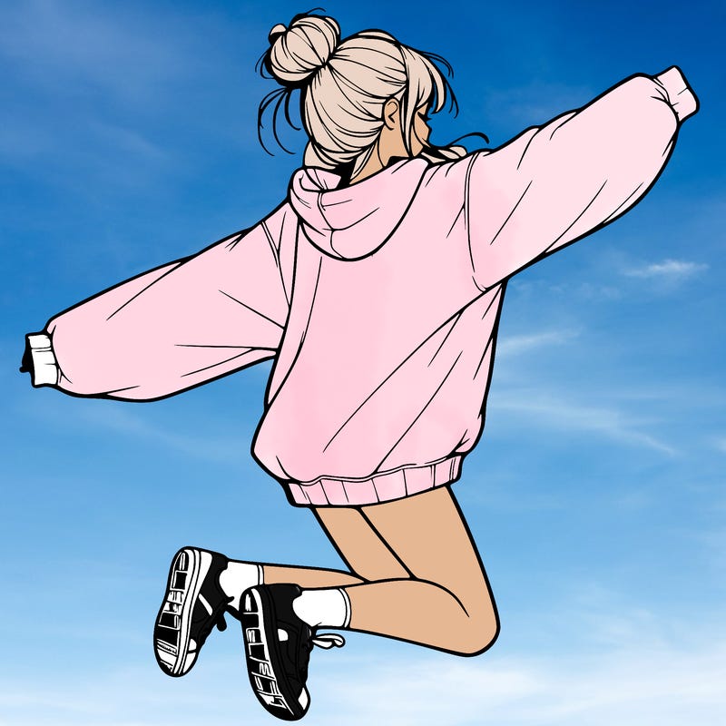 realistic girl jumping with a bun and oversized sweatshirt