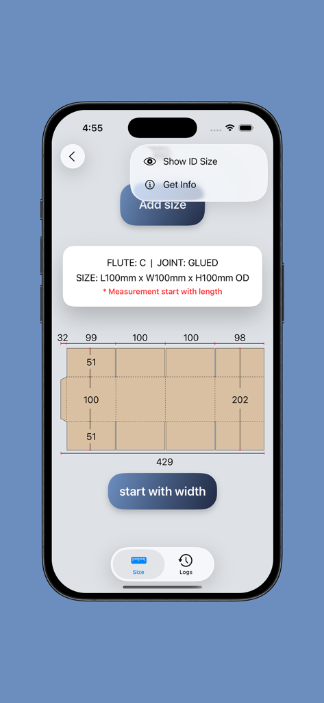 BoxMaster - Technical layout and dimensions of a corrugated box in the BoxMaster calculator app showing panel sizes and flute types