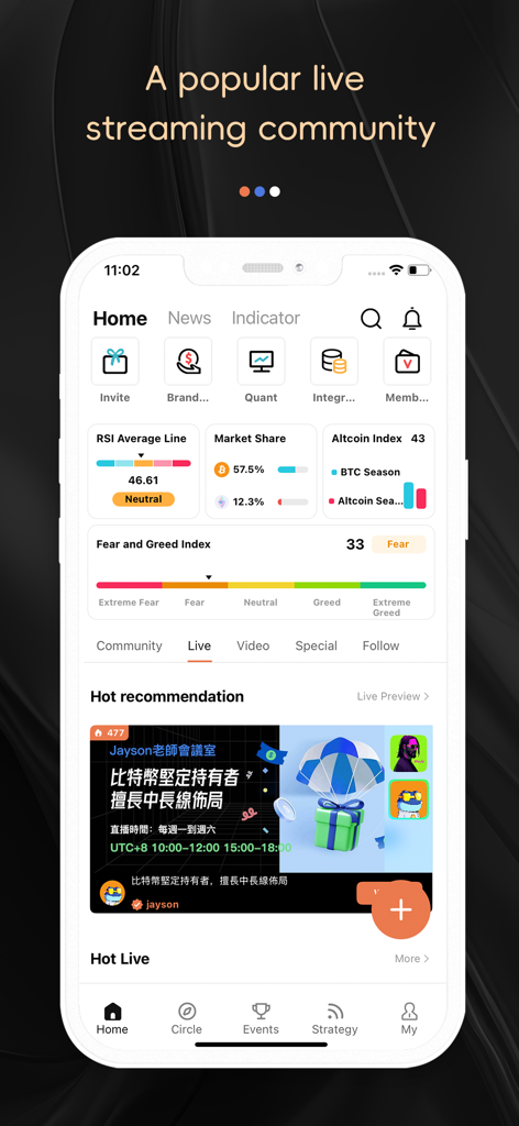 Coinget app home screen showing cryptocurrency market indicators fear and greed index and live streaming trading community recommendations