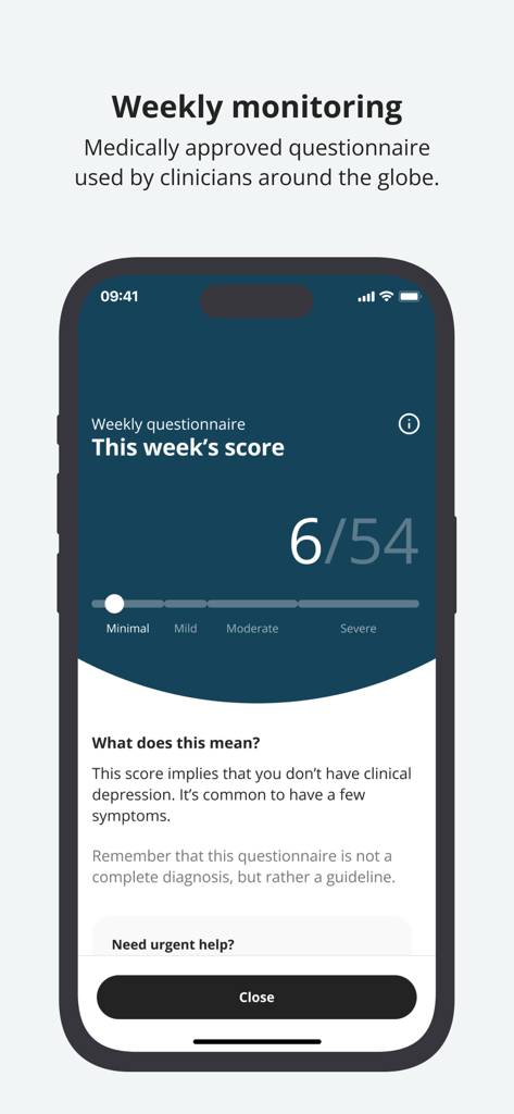 54점 만점에 6점의 우울증 테스트 점수를 보여주는 Flow 앱의 주간 모니터링 화면