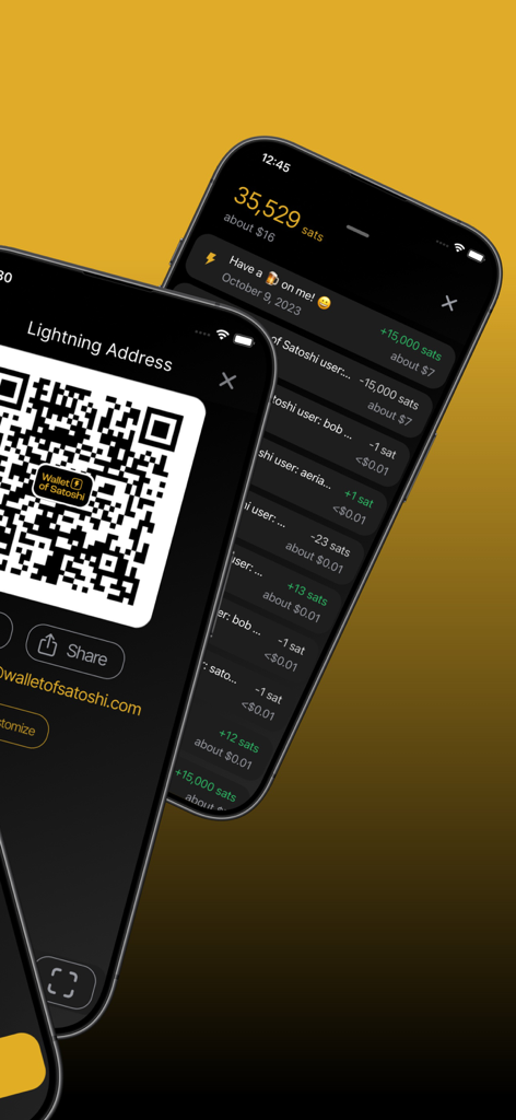 Wallet of Satoshi 앱 인터페이스, 라이트닝 주소 QR 코드와 비트코인 거래 목록 표시