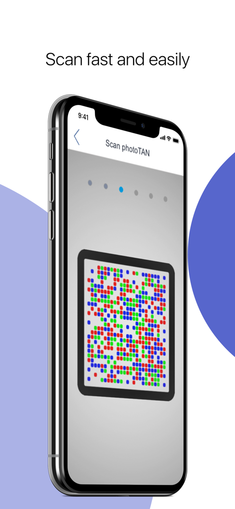 iPhone che scansiona una grafica colorata di autenticazione della transazione nell'app Deutsche Bank photoTAN