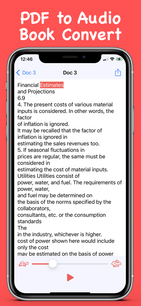 PDF Editor : Text to Speech - Pantalla de iPhone que muestra la función de conversión de PDF a audiolibro en la aplicación Editor de PDF.