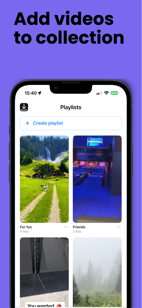 Interface do aplicativo móvel exibindo playlists e coleções de vídeos salvos