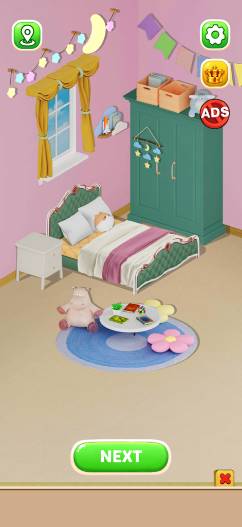Home Makeover Tidy ASMR - Un dormitorio ordenado y completamente decorado en el juego móvil Home Makeover Tidy ASMR con un armario verde y paredes rosas
