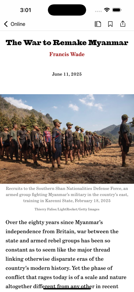 Screenshot of the New York Review of Books app displaying a long-form article titled The War to Remake Myanmar with a featured image of military recruits.