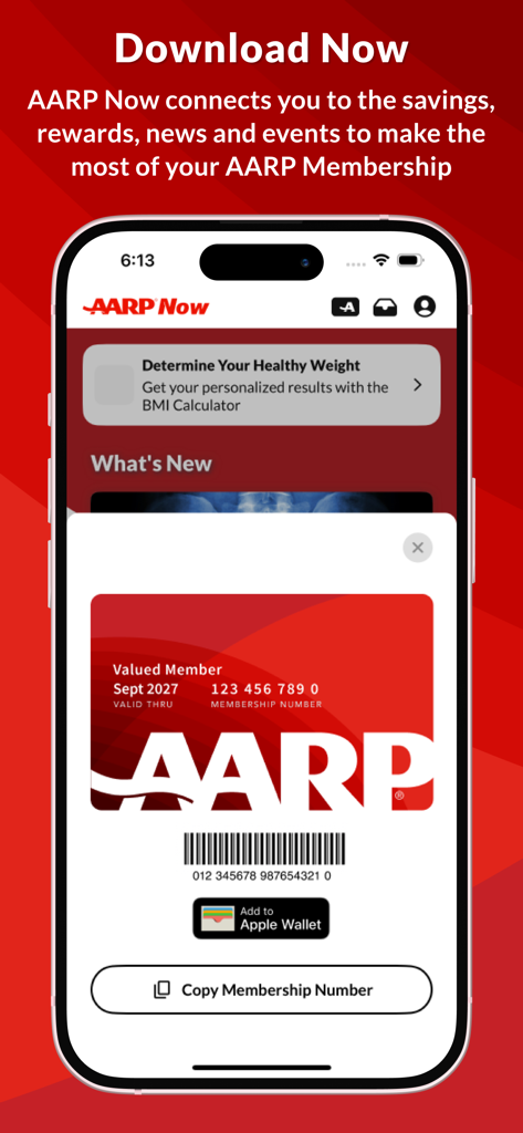 AARP Now - A smartphone displaying the AARP Now app with a digital membership card and an option to add it to Apple Wallet