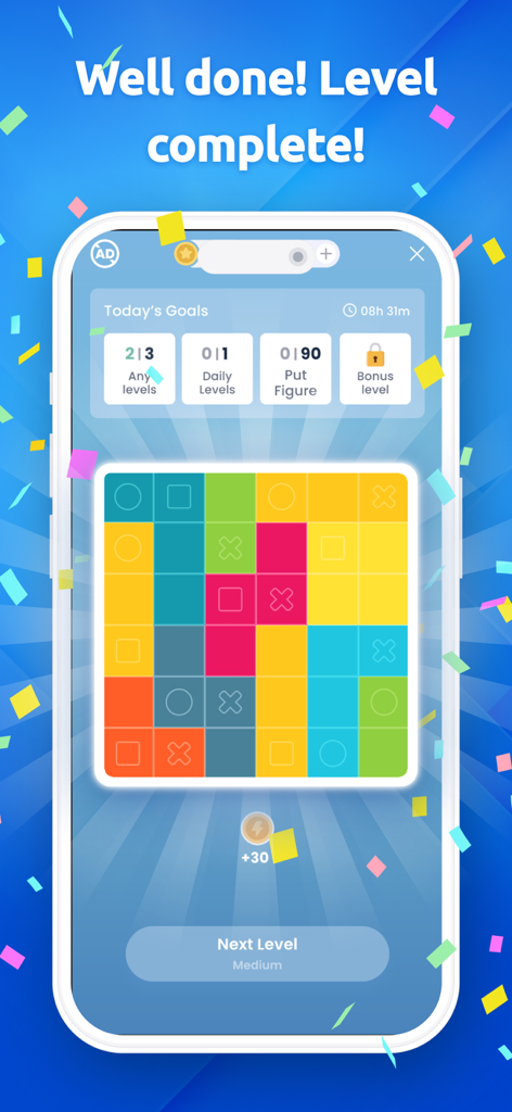 Pindoku－Pixel Block Puzzle - Pantalla de nivel completado de Pindoku que muestra un rompecabezas de bloques de píxeles terminado y un mensaje de éxito