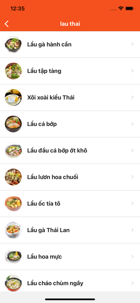 A list of various Vietnamese hotpot recipes on a mobile app interface
