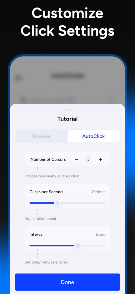 Auto Tapper Assistant App - Oberfläche zur Anpassung der Auto-Klick-Einstellungen, einschließlich der Anzahl der Cursors und des Klickintervalls