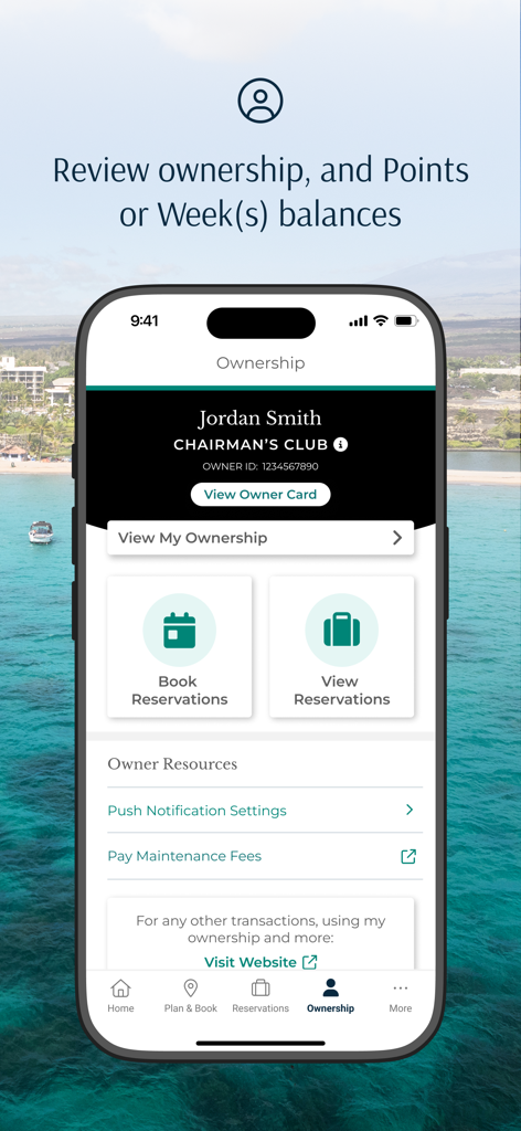 Marriott Vacation Club - Chairman's Clubステータスと予約管理オプションを示すMarriott Vacation Clubアプリのオーナーシップ画面。