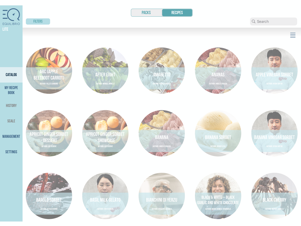 Equilibrio App - A catalog of professional gelato and sorbet recipes featuring creations from master chefs on the Equilibrio iPad app.