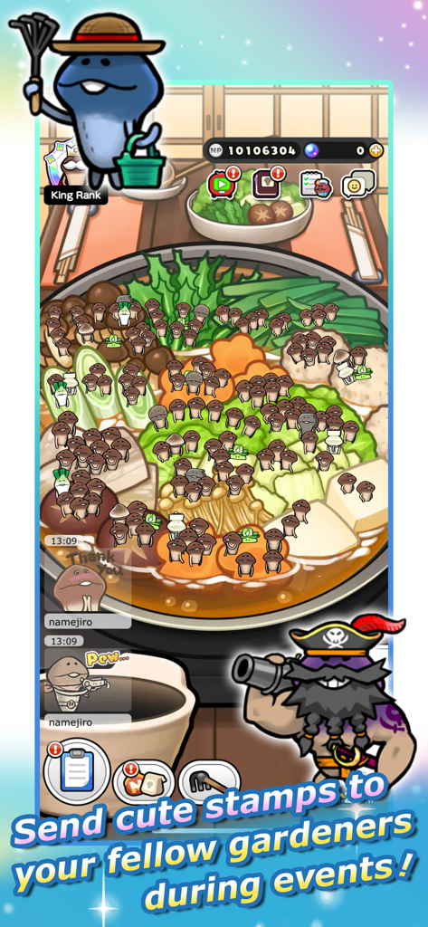 Everyone's Mushroom Garden - Una cosecha de jardín grupal en El Jardín de Hongos de Todos que muestra sellos sociales y un cuenco lleno de hongos.