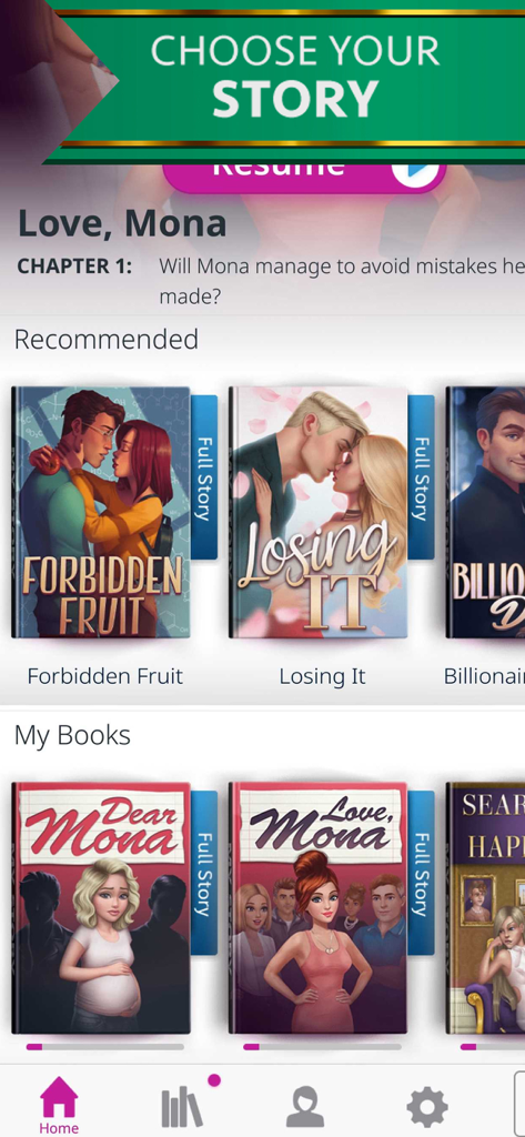 My Story: Choose Your Own Path - Interfaz de la aplicación My Story que muestra varias opciones de historias interactivas de romance y drama