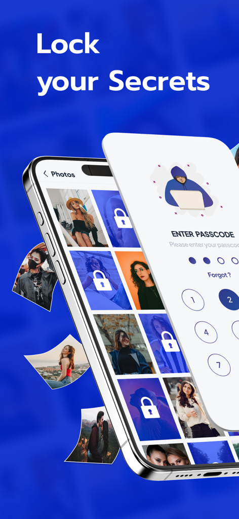 Interfaz de la aplicación SafeCalc mostrando una galería de fotos bloqueada y una pantalla de ingreso de contraseña para privacidad.