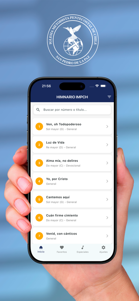 Himnario Digital IMPCH - Smartphone screen showing a list of numbered Spanish hymns from the official Methodist Pentecostal Church of Chile app