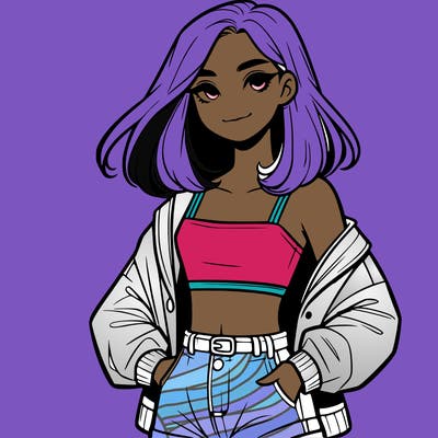 a realistic girl with a crop top and short shorts in an open jacket