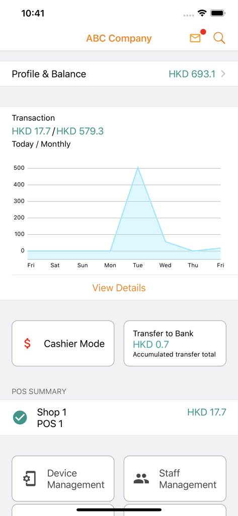 거래 내역 그래프, 계좌 잔액 및 판매자 관리 도구가 포함된 Octopus for Business 앱 대시보드
