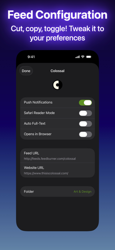 Elytra - A mobile interface showing feed configuration options in Elytra like notifications and reader mode settings.