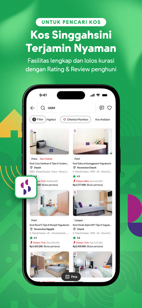 Mamikos mobile app displaying curated boarding house rental listings with prices and photos in Indonesia