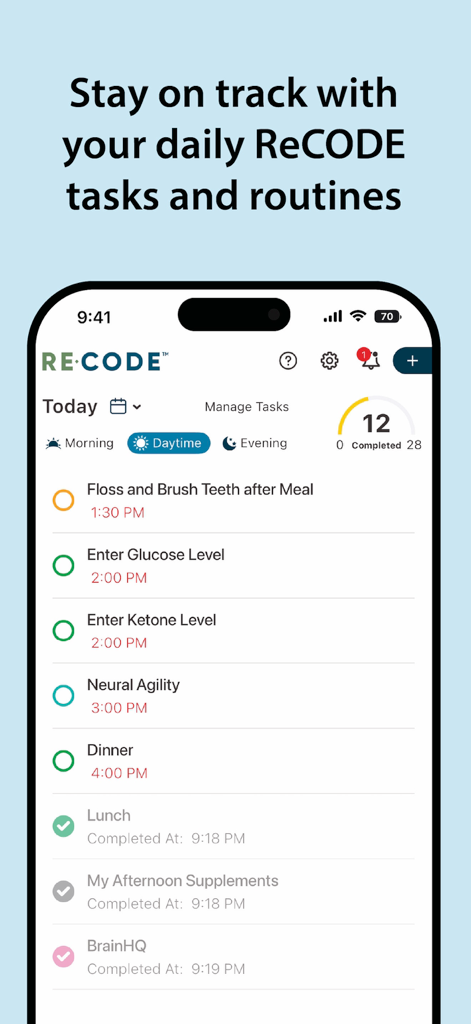 Dashboard dell'app RECODE che mostra una checklist giornaliera per le routine di salute cognitiva, inclusi promemoria per integratori e monitoraggio dei biomarcatori.