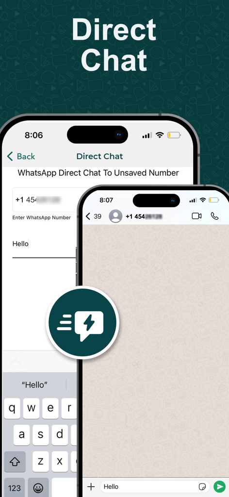 Smartphone screens showing the direct chat feature for messaging unsaved numbers on WhatsApp