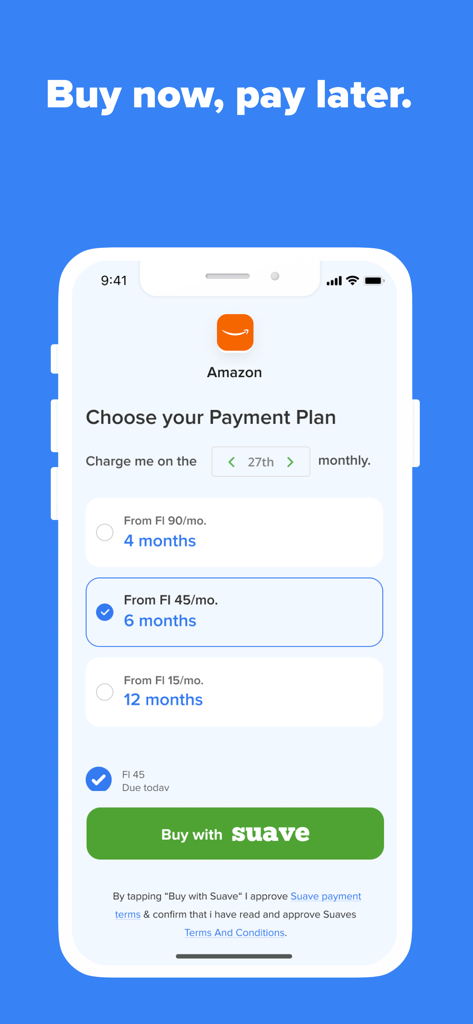 Suave: Buy now, pay later. - Mobile app interface showing monthly installment options for four, six, and twelve months with a Buy with Suave button