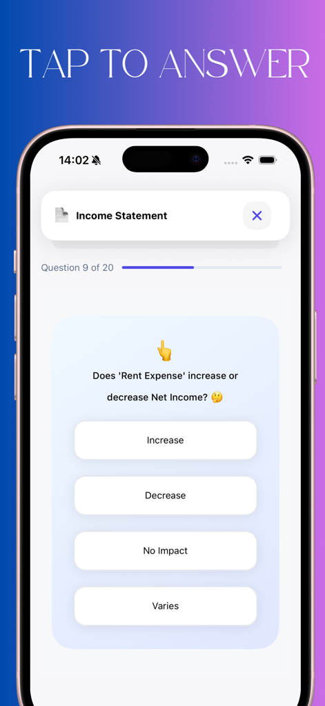Accounting CPA Quiz Game - Una pantalla de aplicación móvil que muestra una pregunta de concurso de contabilidad sobre cómo el gasto de alquiler afecta la utilidad neta.