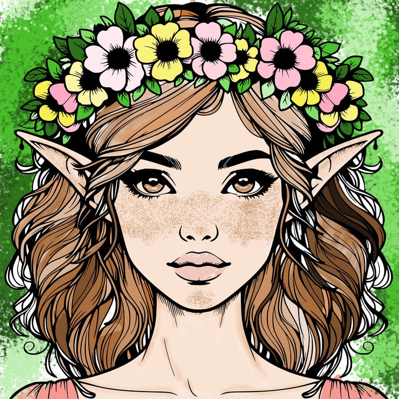 realistic female elf with flower crown