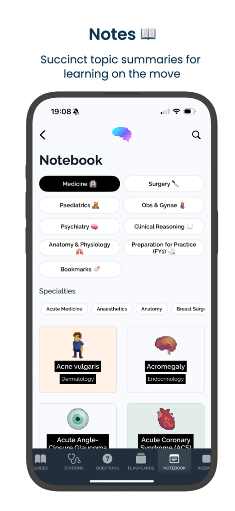 Geeky Medics app notebook interface showing medical specialty categories and clinical topic cards