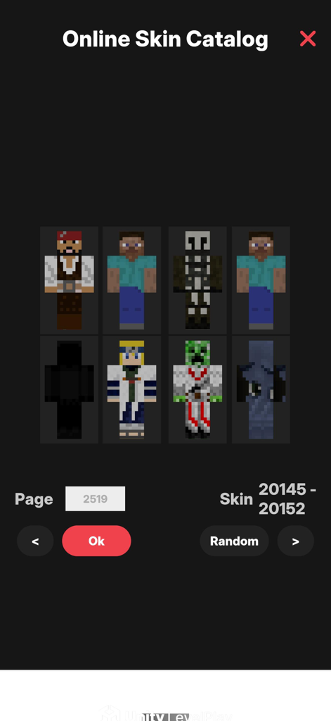 Online skin catalog in the Craftify Editor app displaying a variety of Minecraft character skins for selection