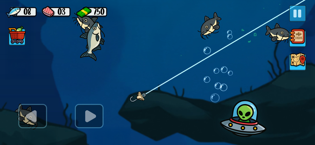 Catch and Feed - Capture d'écran du jeu mobile Catch and Feed montrant la pêche sous-marine avec des poissons et un OVNI extraterrestre.
