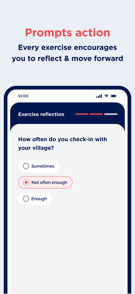 The Mental Fitness Gym - A reflection exercise in the Mental Fitness Gym app asking the user about their social support network frequency