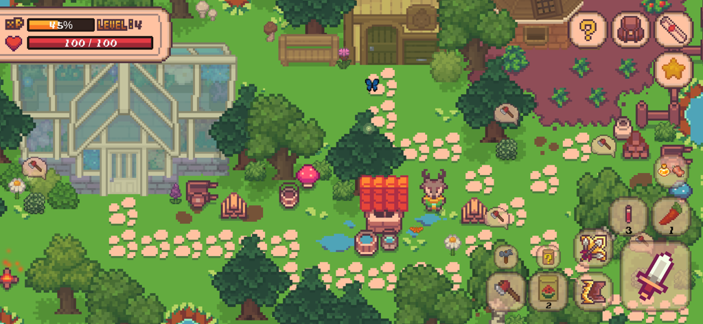 Megis Adventure - Pixel-Art-Gameplay von Megis Adventure, das einen Charakter in einer gemütlichen Bauernhofumgebung mit einem Gewächshaus und einer Benutzeroberfläche zeigt