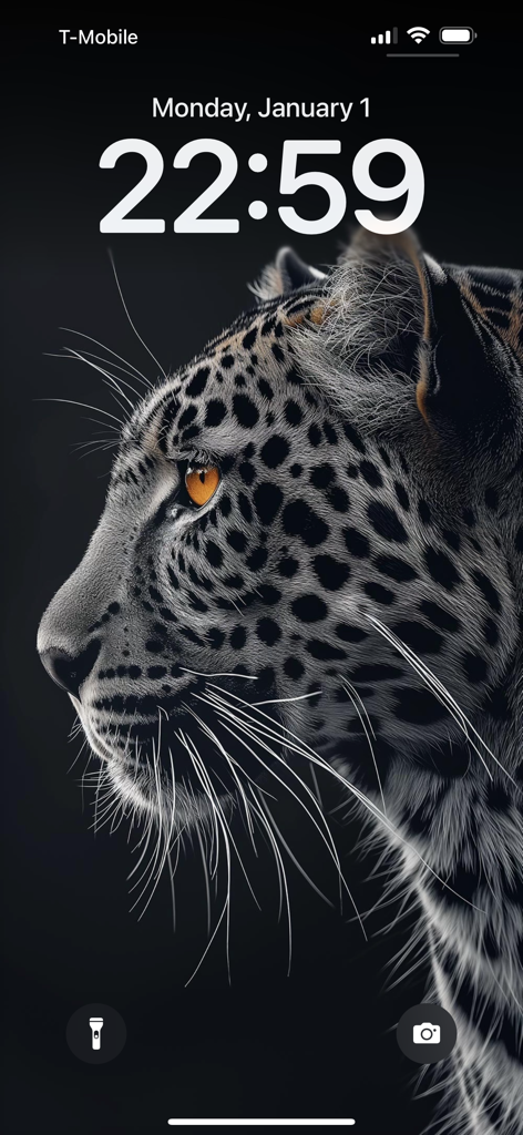 iPhone lock screen displaying a high-definition leopard portrait wallpaper from the Art Blast app
