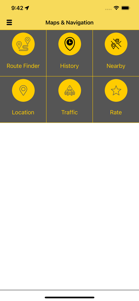 Main menu of the GPS Navigation app showing a grid of icons for route finder history nearby locations and traffic.