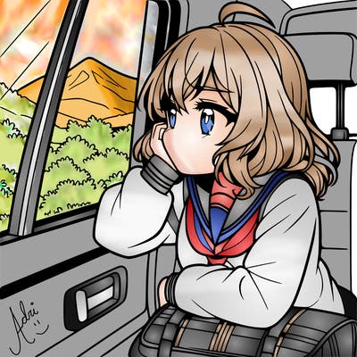 anime girl sighing with elbow on window sill on the back seat of the car looking outside the window of the car