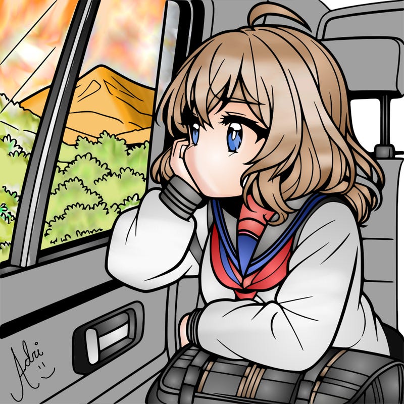 anime girl sighing with elbow on window sill on the back seat of the car looking outside the window of the car