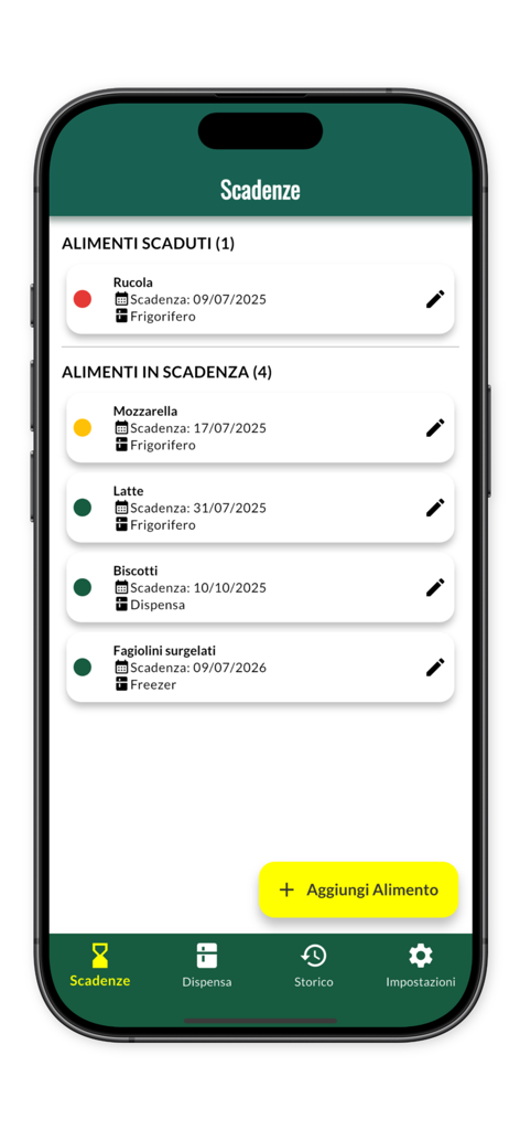 Interfaz de la aplicación Dispensa Smart mostrando artículos de comida con fechas de caducidad y ubicaciones de almacenamiento.