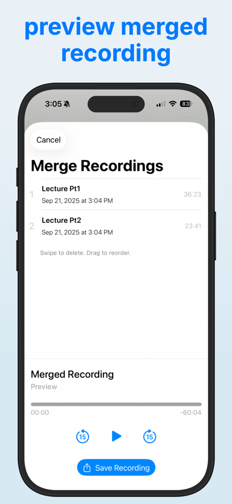 Tela de pré-visualização do aplicativo Mesclar Memorandos de Voz mostrando gravações de áudio combinadas e um botão de salvar