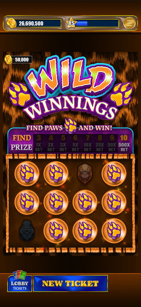 Lottery Scratchers - Wild Winnings digital scratch-off ticket with animal paw prints and jungle theme